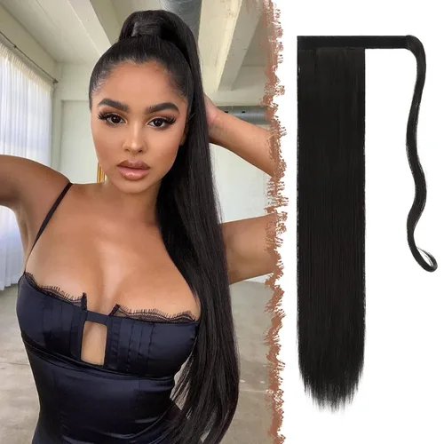 FESHFEN Extensiones de cola de caballo largas y rectas, extensiones de cola de caballo sintéticas para mujer, color negro natural, 24 pulgadas