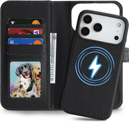 Miniatura 19 de Funda desmontable de piel auténtica para iPhone 13/14, funda magnética 2 en 1 extraíble, soporte de carga MagSafe, función de soporte para tarjetas