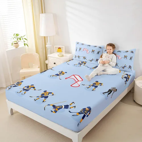 Miniatura 6 de Sábana bajera ajustable de bolsillo profundo para niñas y niños, juego de ropa de cama de hockey de disco decorativo para habitación, juego