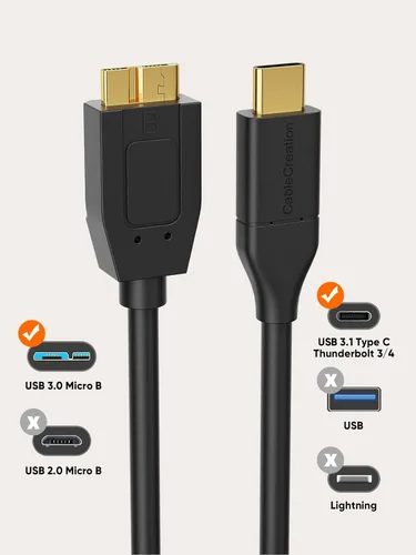 Miniatura 2 de CableCreation Cable corto USB C a Micro B de 1 pie, 10G Micro B a USB C, cable de disco duro externo para iPhone 15/16/17, Samsung Galaxy S24, Negro