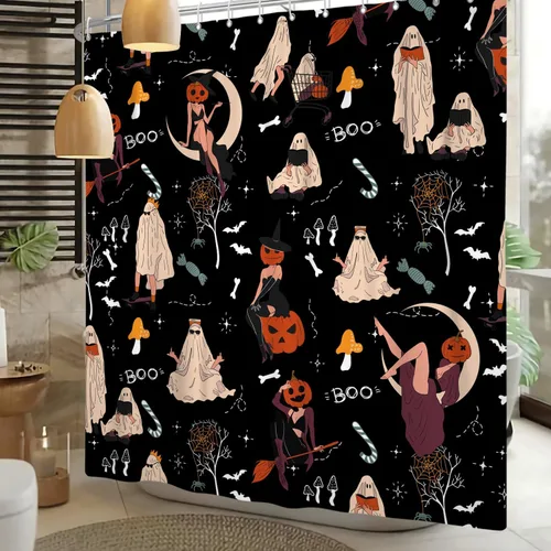 Miniatura 15 de Cortina de ducha divertida de Halloween, espeluznante y bonita, fantasma, calabazas, murciélagos, cortina de baño para niños, decoración