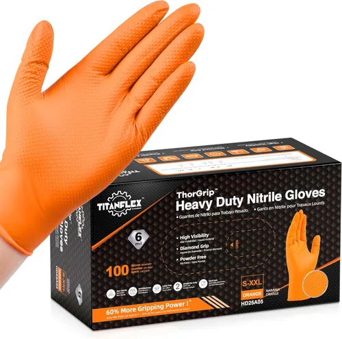 Miniatura 10 de TitanFlex Heavy Duty Orange Industrial Nitrile Gloves with Raised Diamond Texture, Latex Free (6mil/8mil)