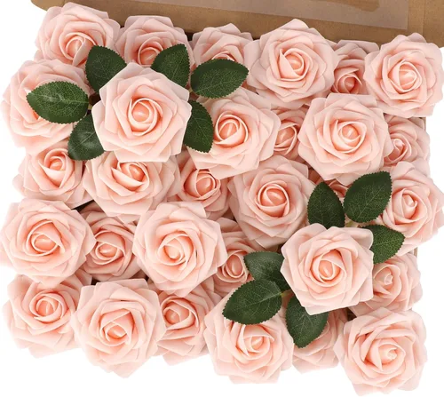 Miniatura 13 de MACTING 30 Rosas Artificiales Blancas Flores Falsas con Tallo Rosas de Espuma de Tacto Real para DIY Arreglos de Ramo de Boda Centros de Mesa White-1