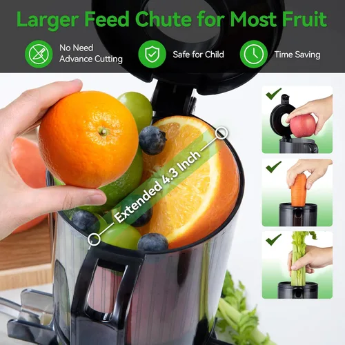 Miniatura 2 de Máquinas exprimidoras, exprimidor de prensa en frío con canal de alimentación grande de 4.3 pulgadas para frutas y verduras enteras, máquina