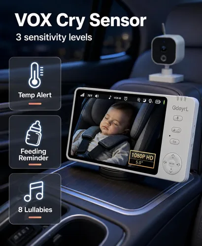 Miniatura 9 de Cámara inalámbrica para automóvil de bebé, visión nocturna automática IR HD 1080P, monitor de bebé giratorio de 360°, pantalla de 5 pulgadas zoom