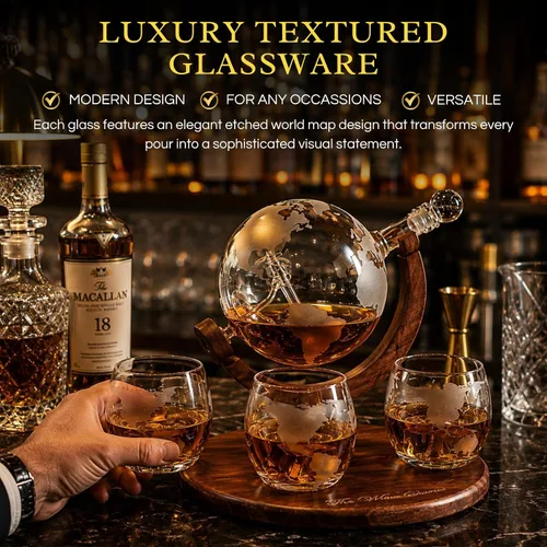 Miniatura 3 de Decantador del mundo grabado con globo de whisky, juego de regalo de whisky The Wine Savant con avión antiguo, piedras de whisky y 4 vasos de mapa