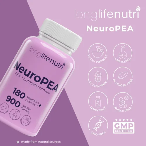 Miniatura 7 de LongLifeNutri NeuroPEA (Palmitoiletanolamida + luteolina 800 mg/100 mg) - Suplemento orgánico para el rendimiento nervioso, 180 cápsulas