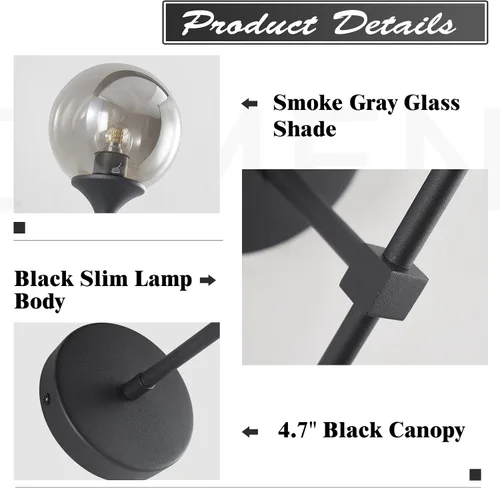 Miniatura 3 de KCO Lighting - Moderna lámpara de pared con globo de vidrio gris ahumado, aplique de pared negro mate delgado, lámpara de pared industrial vintage
