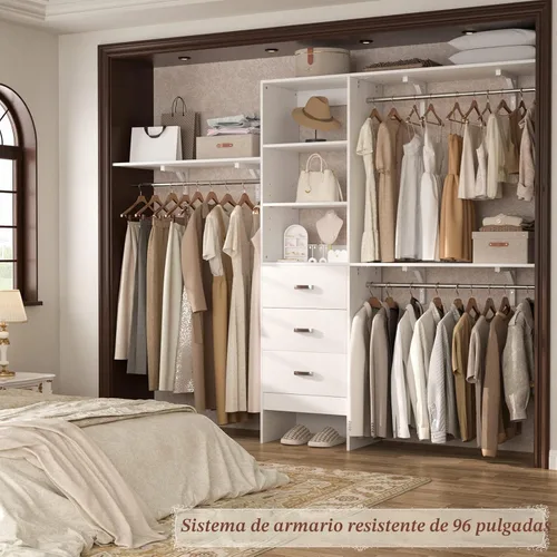 Miniatura 9 de Armocity Sistema de Armario de 96 Pulgadas, Organizador de Vestidor de 8 Pies con 3 Torres de Estantería, Perchero de Ropa Resistente con 3 Cajones