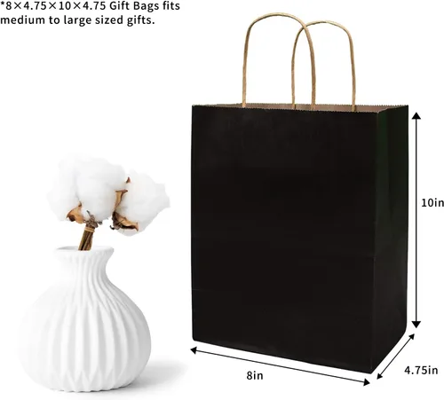 Miniatura 3 de FACEBAG 50 bolsas de papel negras con asas a granel, 8 x 4.25 x 10.5 pulgadas, bolsas de regalo de tamaño mediano para recuerdos de fiesta, comida
