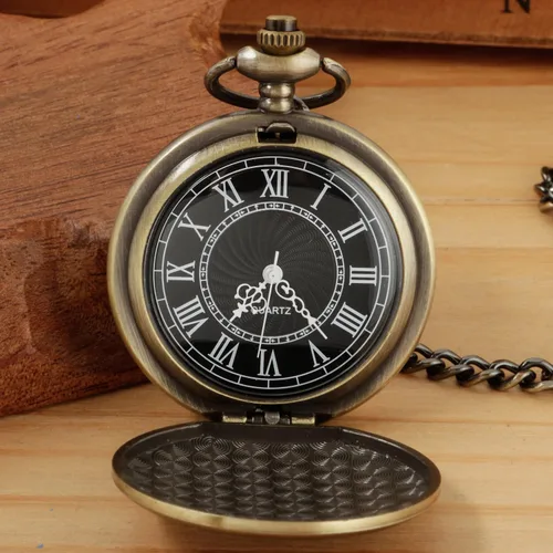 Miniatura 4 de Reloj de bolsillo de cuarzo para hombre, esfera digital romana negra con cadena, Marrón, Retro