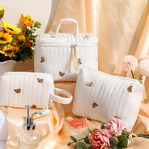 Miniatura 2 de Paterr Juego de 3 bolsas de maquillaje acolchadas grandes de algodón para mujer, bolsa organizadora de artículos de tocador de viaje para Azul