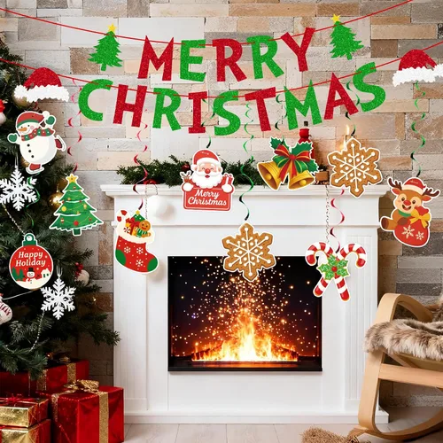 Miniatura 8 de jijAcraft 38 carteles de decoración navideña de Feliz Navidad, remolino colgante premontado, decoraciones de Navidad para interiores, decoración