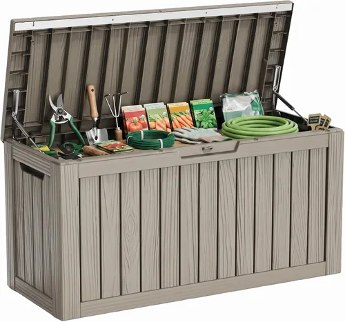 Miniatura 10 de Caja de cubierta para exteriores de 120 galones, cajas de almacenamiento impermeables con cerradura para herramientas de jardín, cojines de Gris