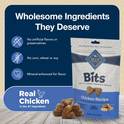 Miniatura 8 de Blue Buffalo Bits Golosinas suaves para entrenamiento para perros, hechas con ingredientes naturales y mejoradas con DHA, receta de pollo, bolsa