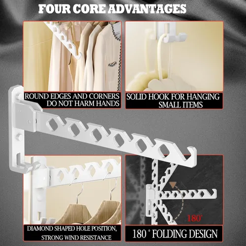 Miniatura 2 de Dr.DJ Soporte para colgar abrigos de pared, organizador de secado de ropa blanca, ganchos de aluminio, retráctiles, plegables, para interiores