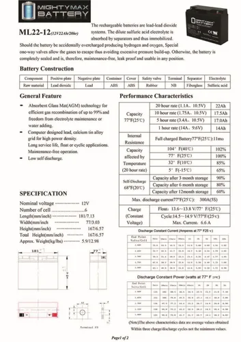Miniatura 6 de Mighty Max Battery ML22-12 - Batería SLA de 12 voltios y 22 Ah - Paquete de 4