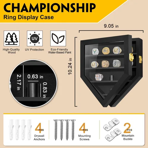 Miniatura 2 de Estuche expositor de anillo de campeonato, 12 postes de anillo, estuche de exhibición de anillo deportivo, caja de sombra de madera para béisbol