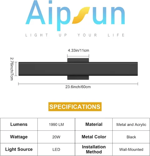 Miniatura 8 de Aipsun Aplique de pared negro para exteriores, 3000 K, 4000 K, 6000 K, 23.6 pulgadas, luz exterior moderna de 23.6 pulgadas, 1 paquete, luz de pared