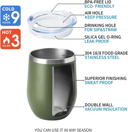 Miniatura 4 de HASLE OUTFITTERS Vaso de vino de 12 onzas con tapa, copas de vino sin tallo, tazas de viaje al vacío de doble pared, taza de café de acero Acero