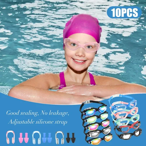 Miniatura 7 de Konohan Paquete de 10 gafas de natación a granel para niños y adultos, gafas de piscina antivaho de silicona sin fugas, gafas de natación