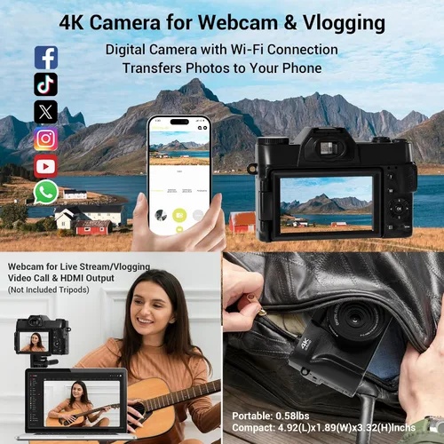 Miniatura 8 de Cámara digital, 75MP WiFi 4K Vlogging cámara de video para YouTube con pantalla abatible de 180° de 3 pulgadas, tarjeta SD de 64 GB, antivibración