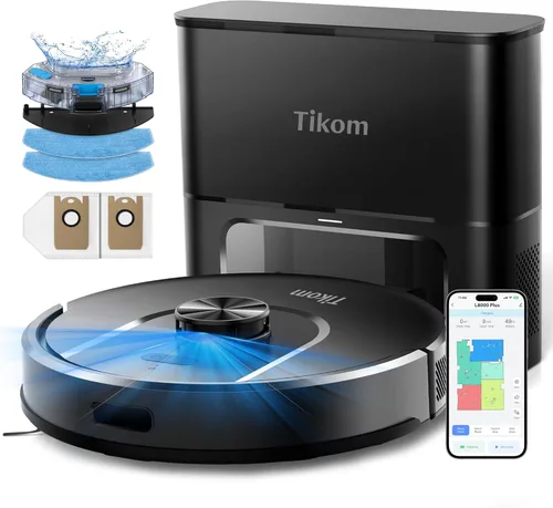 Tikom Robot Aspirador y Fregona, Aspiradora Robótica de 6000 Pa con Base de Vaciado Automático, Capacidad de 90 Días, Navegación LiDAR, Mapeo del