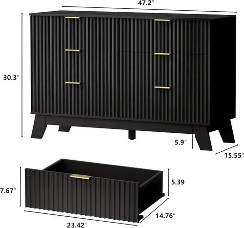 Miniatura 2 de HUANLEGO Cómoda de 6 cajones para dormitorio, cómodas estilizadas negras con cajones y tirador dorado, cómodas de madera modernas de mediados