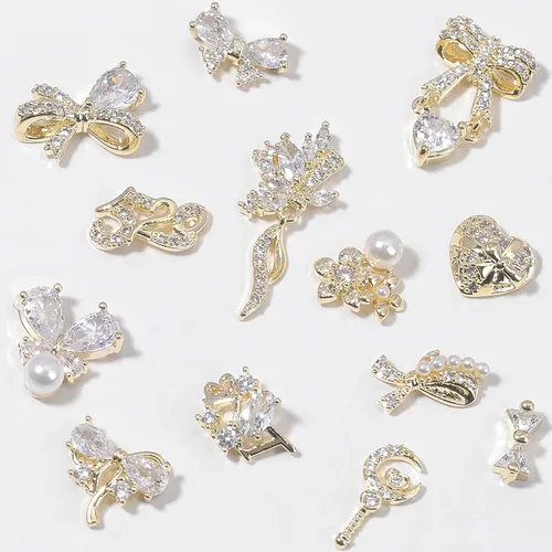 Miniatura 3 de Dijes y gemas para uñas, circonita de cobre dorado, múltiples formas 3D, diamantes de imitación de metal de lujo para uñas, 14 piezas