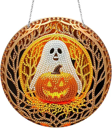 LUSandy Kit de pintura de diamante de calabaza fantasma 5D para Halloween, letrero de arte de pared, diseño de calabaza, diamante, atrapasoles,