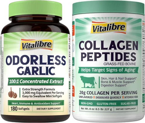Vitalibre Ajo inodoro, extracto extra fuerte 100:1, corazón e inmunidad, defensa antioxidante, 180 cápsulas blandas y polvo de péptidos de colágeno