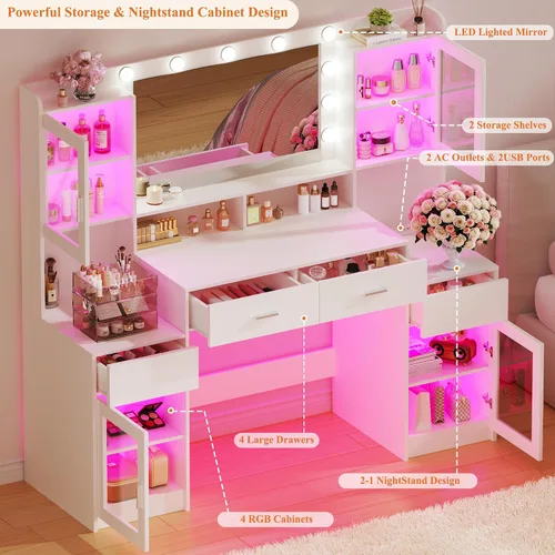 Miniatura 3 de HUAHUU Escritorio grande con espejo y luces, tocador de maquillaje de 54.3 pulgadas con 4 gabinetes RGB y 4 cajones, juego de tocador blanco