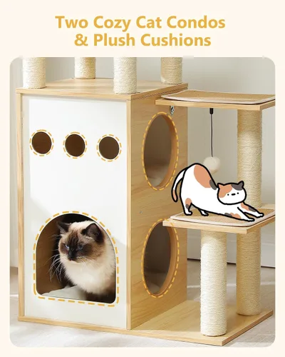 Miniatura 5 de MUTTROS Árbol moderno de madera para gatos de 42.5 pulgadas con condominio de 2 pisos, postes rascadores, nido de cápsulas y bolas colgantes