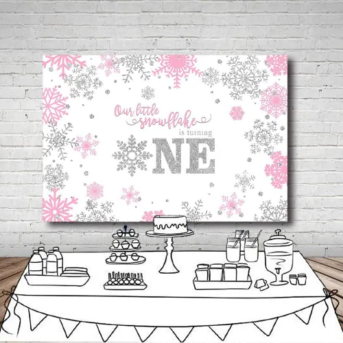 Miniatura 5 de MEHOFOND Telón de fondo de fotografía de invierno para niña, diseño de copo de nieve dulce y pequeño, feliz primer cumpleaños, rosa, plateado