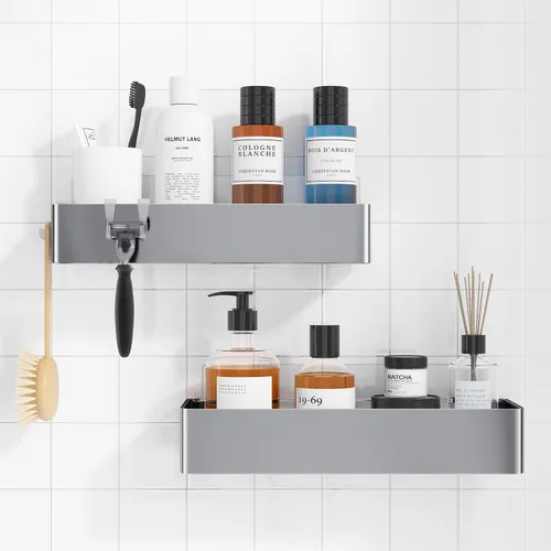 Miniatura 13 de Kitsure Organizador de ducha – Paquete de 2 organizadores de ducha adhesivos, estantes de metal inoxidables, organizadores de baño sin taladrar