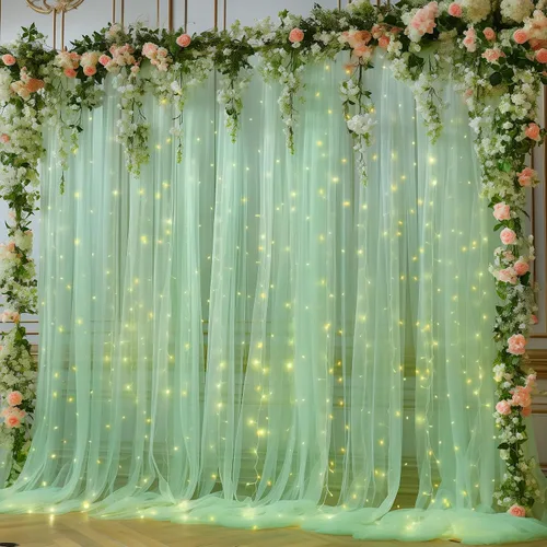 Miniatura 17 de Cortina de telón de fondo de tul azul bebé de 10 x 8 pies con cadena de luces para fiestas, cortinas de fondo transparentes para bodas, baby shower
