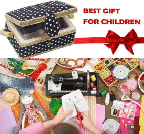 Miniatura 6 de Cesta de coser con kit de costura. Pequeña caja de costura organizadora con mini kits de costura para niños, principiantes y regalo, Negro