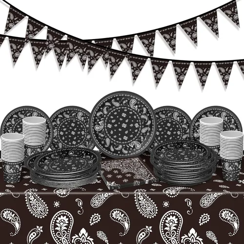 123 piezas de decoraciones de fiesta de vaquero occidental para 30 invitados, juego de vajilla desechable con platos, tazas, servilletas, pancartas,