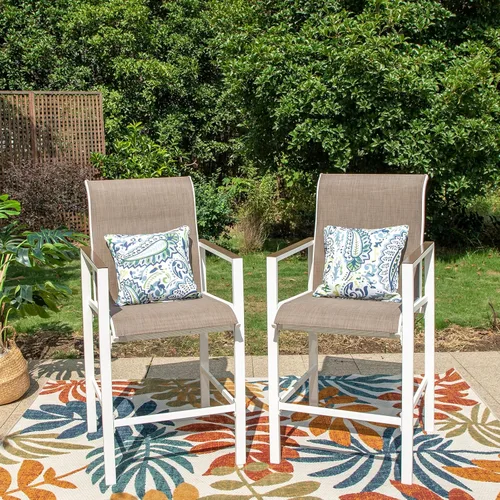 PHI VILLA Juego de 2 sillas de bar para patio, taburete de bar con altura de mostrador con tela de textileno de secado rápido, reposabrazos y Blanco