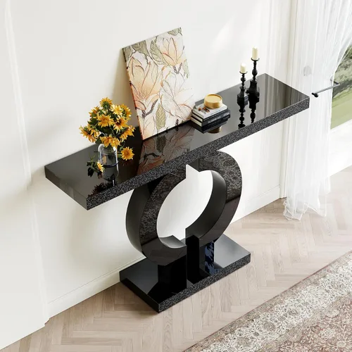 Miniatura 5 de LITTLE TREE Mesa consola de vidrio espejo de 43 pulgadas con base en forma de O, mesa de entrada de vidrio para sala de estar, moderna mesa de sofá