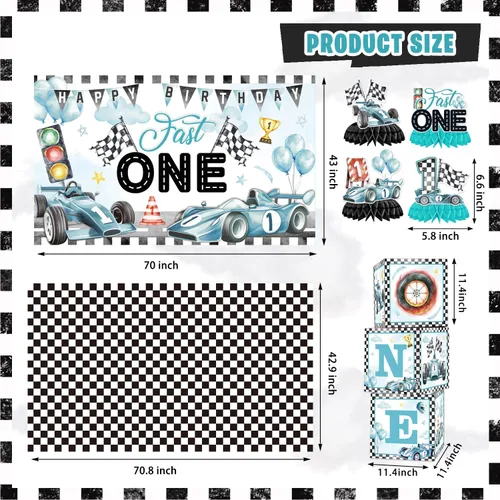 Miniatura 4 de Fast One - Decoraciones de cumpleaños para niños, 143 piezas de suministros de decoración de primera fiesta de carreras para bebé, pancarta