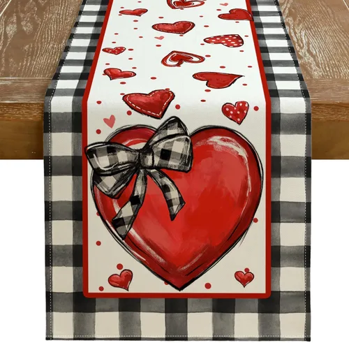 GEEORY Camino de mesa para el día de San Valentín de 13 x 72 pulgadas, corazones rojos y lunares, decoración decorativa de mesa de granja para