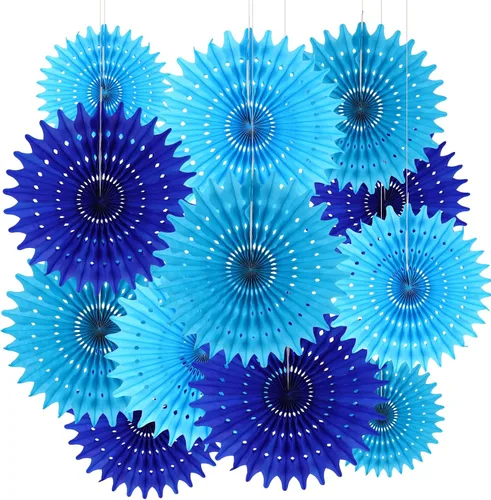 12 Piezas Abanicos de Papel Azul Decoraciones de Fiesta Decoraciones de Flores de Papel de Seda para Niña Cumpleaños Groovy Baby Shower Boda