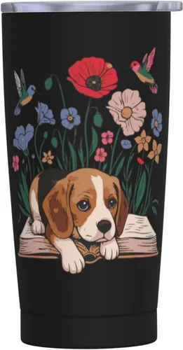 Beagle Dog - Taza de café de acero inoxidable con tapa, diseño floral de 20 onzas, vaso térmico aislado de doble pared al vacío, regalos de