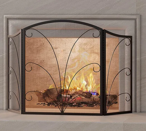 Miniatura 6 de Kingson - Pantalla para chimenea de 3 paneles con arco decorativo, hecha a mano, de hierro forjado con espiral, cubierta protectora contra chispas