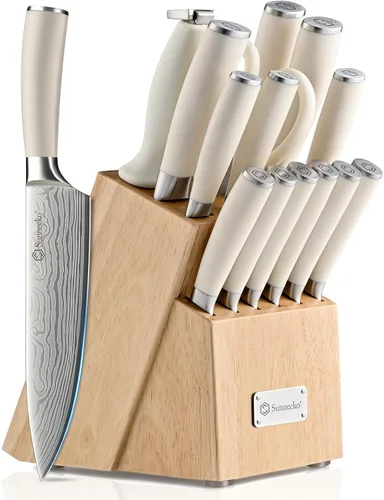 Sunnecko Juego de cuchillos con bloque y afilador, juego de bloque de cuchillos de cocina de 15 piezas, cuchillos de cocina afilados, acero Blanco