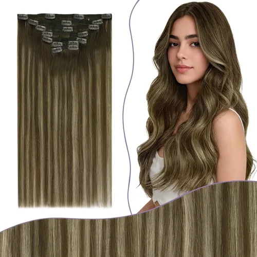 Miniatura 22 de Fshine Extensiones de cabello con broches, 22 pulgadas, 7 unidades, color marrón oscuro, doble trama, extensiones de cabello humano real con clip