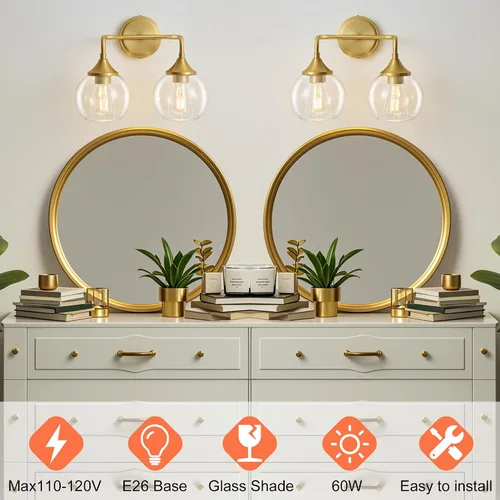Miniatura 2 de Lámpara de Tocador de Baño Dorada con Pantalla de Vidrio Transparente, Base E26, Luminarias de Baño de 2 Luces Sobre Espejo, Luces de Tocador de 14