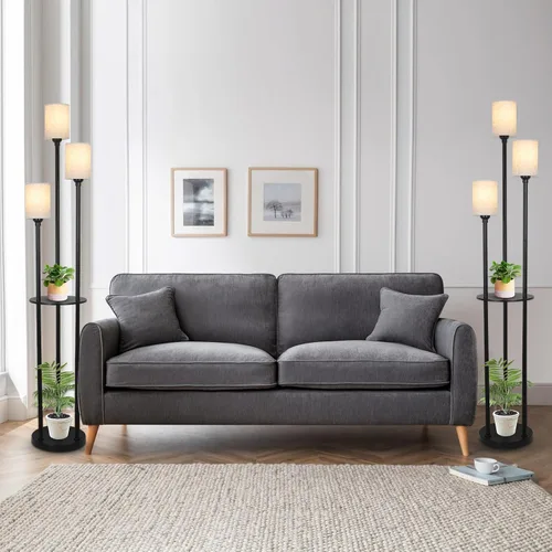 Miniatura 8 de Lámpara de pie con estantes, lámparas de pie modernas para sala de estar, lámpara de pie de 3 luces con pantalla de lino e interruptor de pie