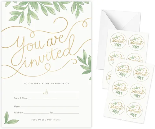 Rileys & Co Paquete de 50 tarjetas de invitación de boda con sobres, calcomanías incluidas, impresión de lámina dorada y diseño de hojas, 5 x 7